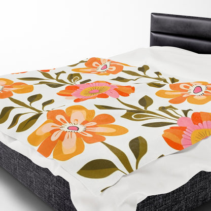 Scandinavian Mid Century Modern Floral Velveteen Plush Blanket - Cozy, Soft Throw for Home Decor &amp; Gift Giving - Mid Century Modern Gal