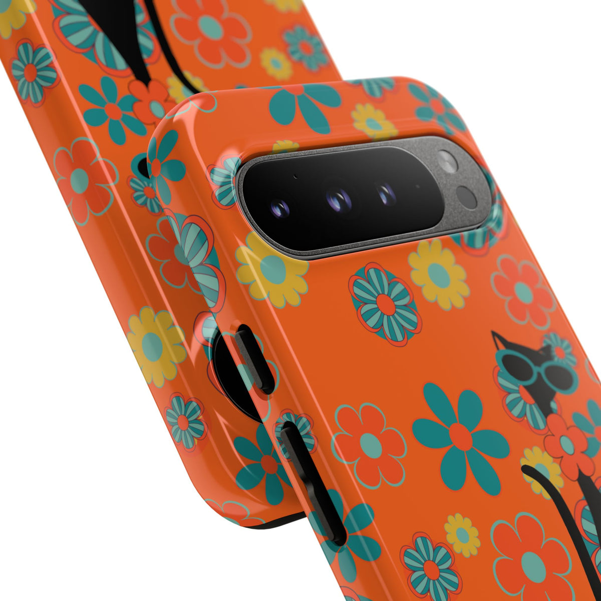 Flower Power, Retro Groovy Atomic Cat, Hipster Style Orange Samsung Galaxy and Google Pixel Tough Cases