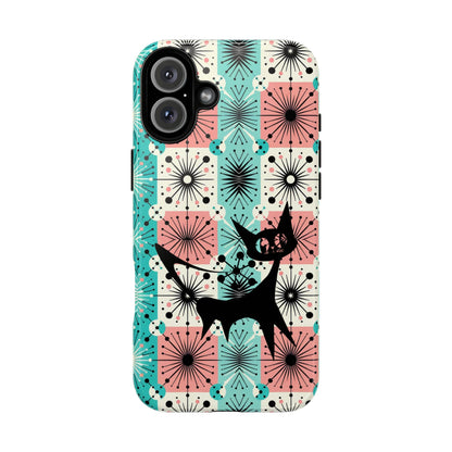 Atomic Kitschy Cat, Mid Century Modern Pink, Aqua Starbursts Tough Phone Case