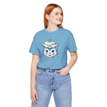 Mid Century Modern Kitschy Anthropomorphic Blue Cat with Floral Hat Unisex T-Shirt