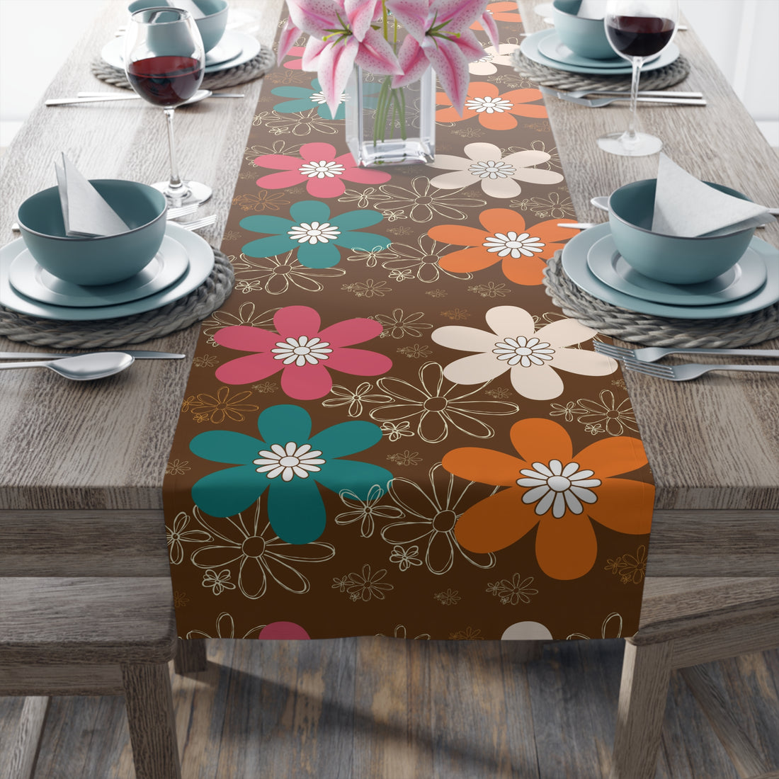 Retro Groovy Flower Power Mid Mod Brown Orange Teal Floral - Mid Century Modern Gal