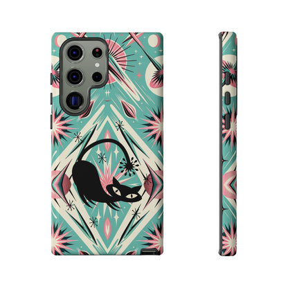 Atomic Cat, Mid Century Modern Aqua Blue, Pink, Starbursts Tough Phone Case