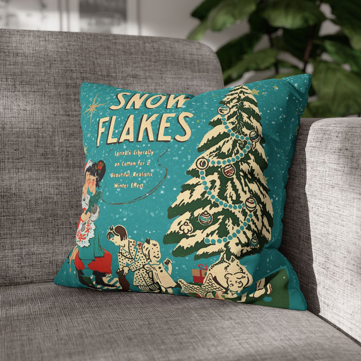 50s Mica Snow Christmas Pillow, Kitschy Mod Couple, Festive Fun Pillow Cover - Mid Century Modern Gal