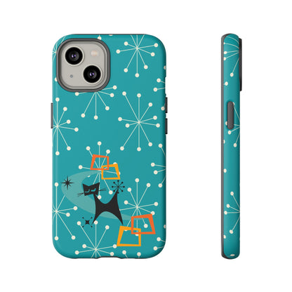 Atomic Space Cat, Starburst Blue, Retro Groovy Smart Phone Tough Phone Cases