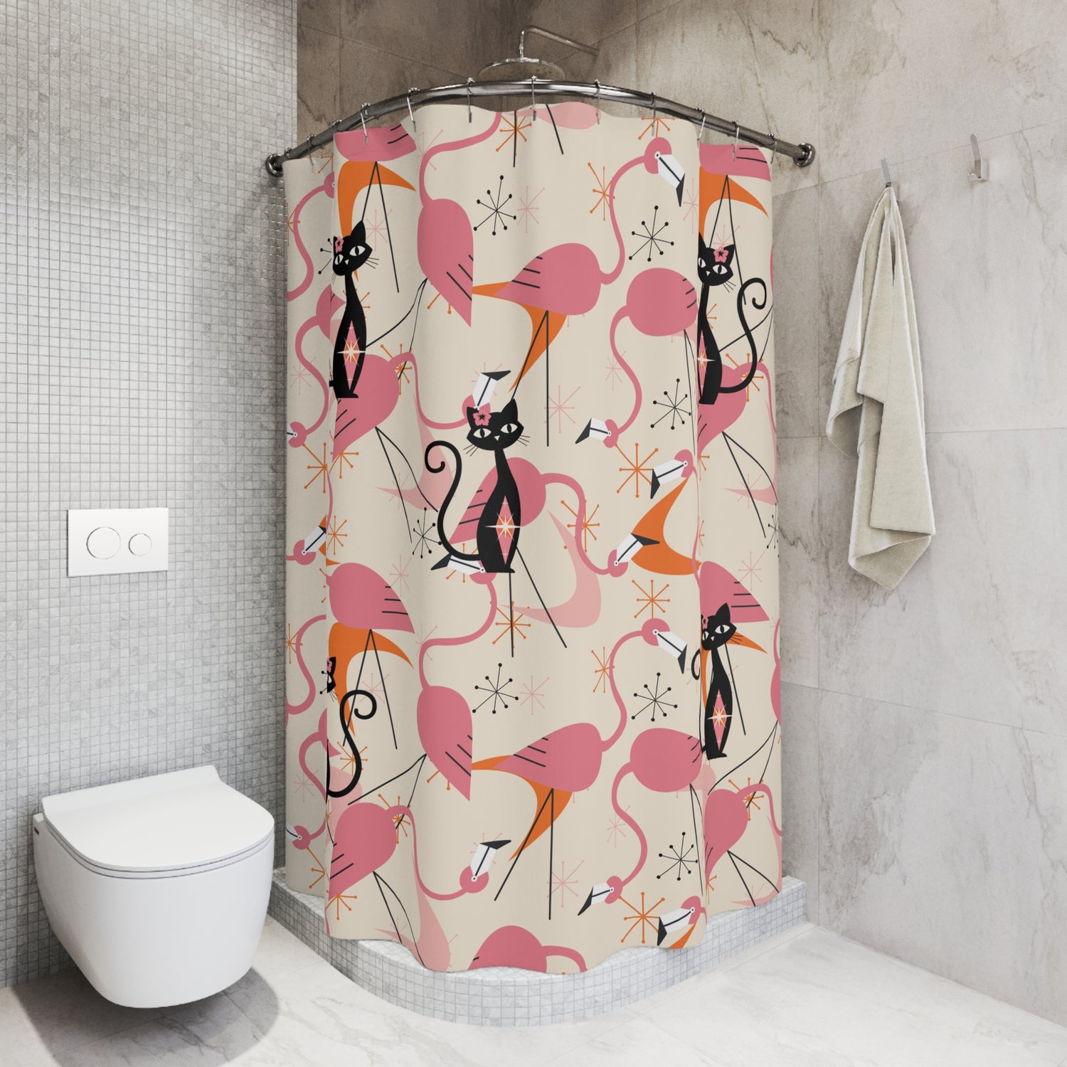 Atomic Cat, Whimsical Flamingos, Kitschy Mid Century Modern Shower Curtain - Stylish Bathroom Decor - Mid Century Modern Gal
