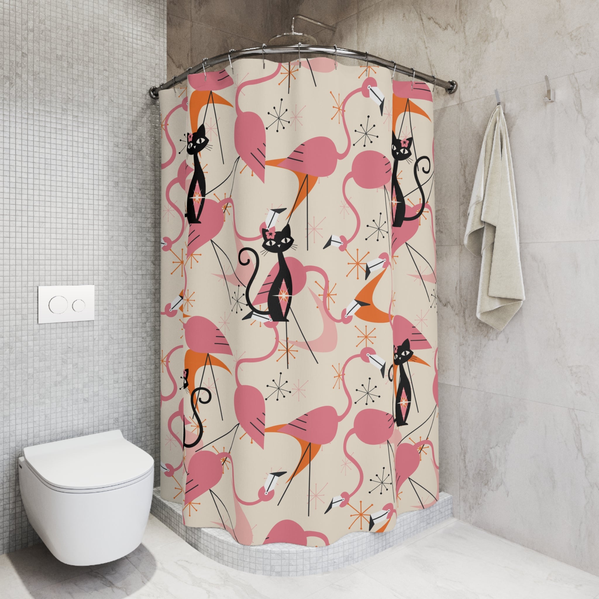 Atomic Cat, Whimsical Flamingos, Kitschy Mid Century Modern Shower Curtain - Stylish Bathroom Decor - Mid Century Modern Gal