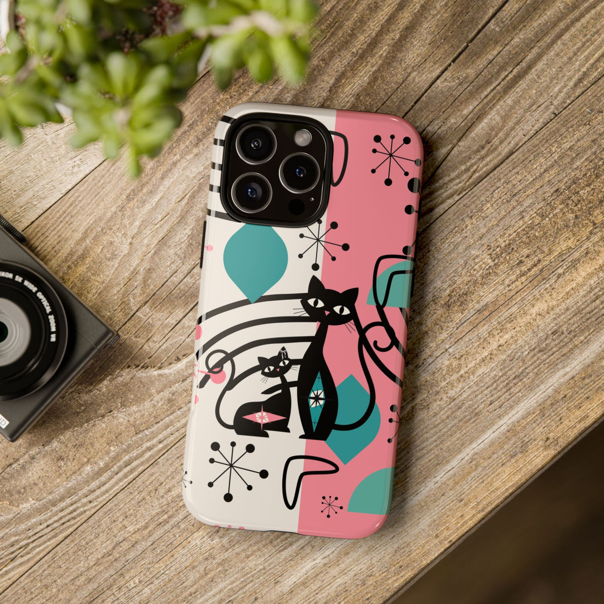 Mid Mod Atomic Cat Boomerang Starburst, Pink, Black Kitschy Stylish Cat Phone Case: Modern Design for Cat Lovers