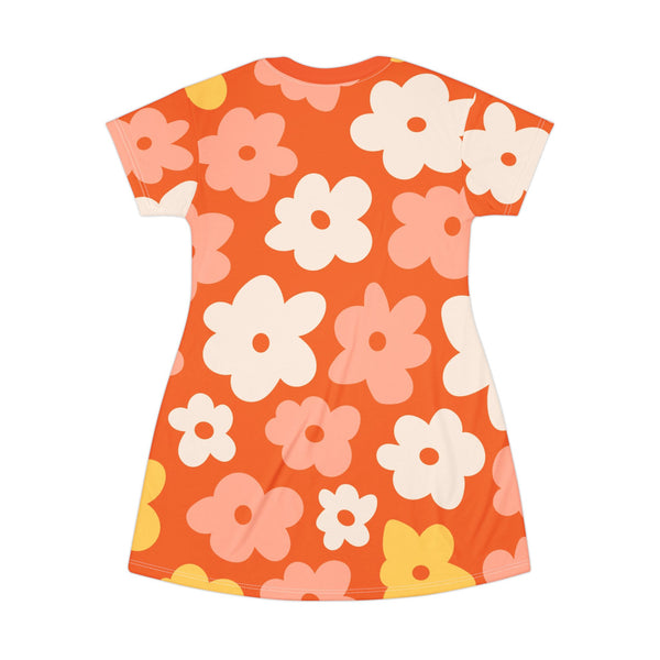 Retro Flower Power, 70s Floral Print T-Shirt Dress - Summer Vibes for Casual Outings