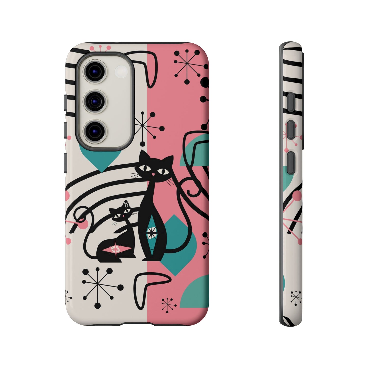 Mid Mod Atomic Cat Boomerang Starburst, Pink, Black Kitschy Stylish Cat Phone Case: Modern Design for Cat Lovers - Mid Century Modern Gal