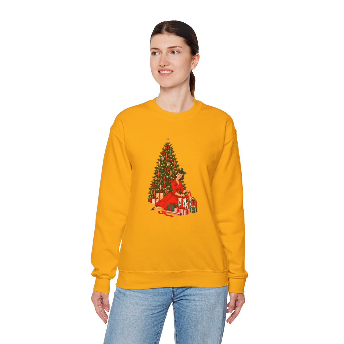Mid Century Modern Christmas Glamour Gal Wrapping Presents by Tree Unisex Heavy Blend™ Crewneck Sweatshirt - Mid Century Modern Gal