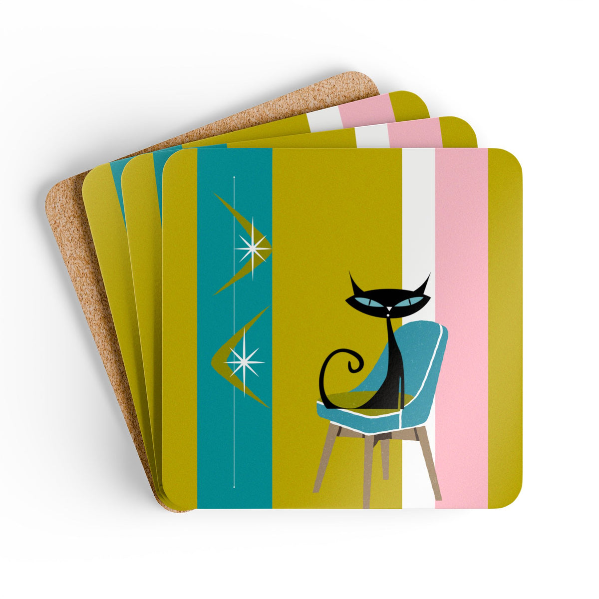 Atomic Cat Boomerang Green, Teal, Pink, White Retro 60's 70's Corkwood Coaster Set - Mid Century Modern Gal
