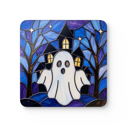 Halloween Stained Glass Style Ghost Haunted House Corkwood Coaster Set