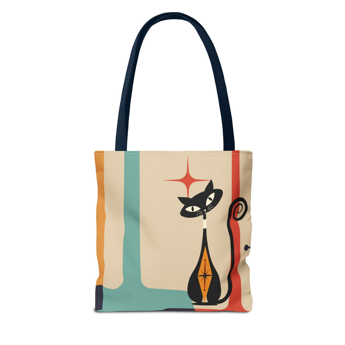 Mid-century modern tote bag featuring an atomic cat design with vibrant colors and retro patterns.