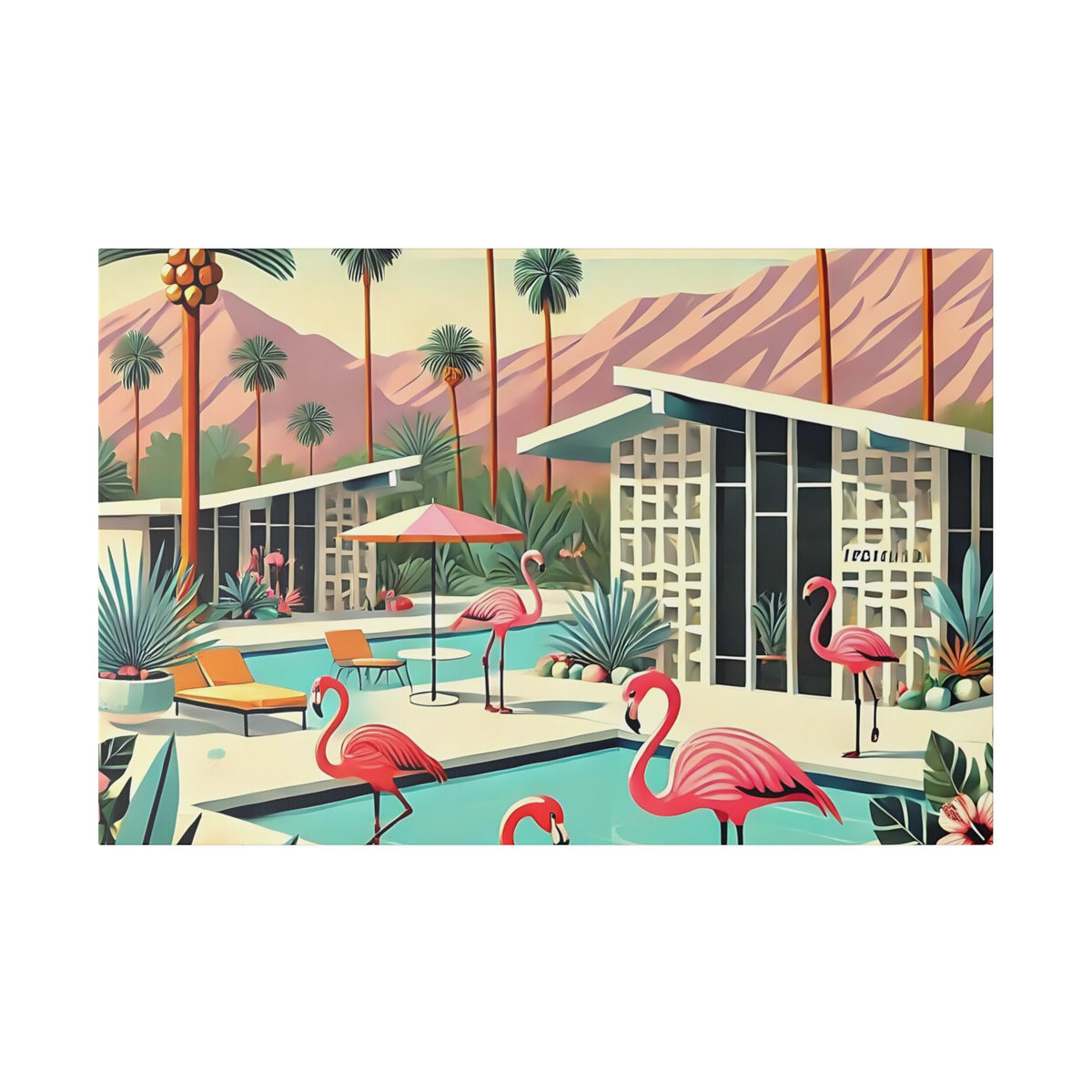 Mid-century modern wall art featuring pink flamingos by a poolside with Palm Springs architecture and mountains in the background.