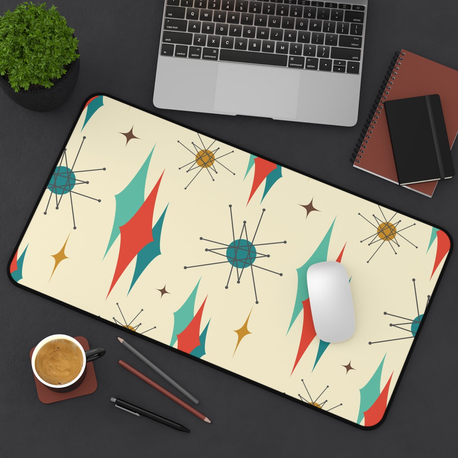 Franciscan Starburst Mid Century Modern Retro-Inspired Desk Mat with Geometric Print - Stylish Workspace Decor - Mid Century Modern Gal