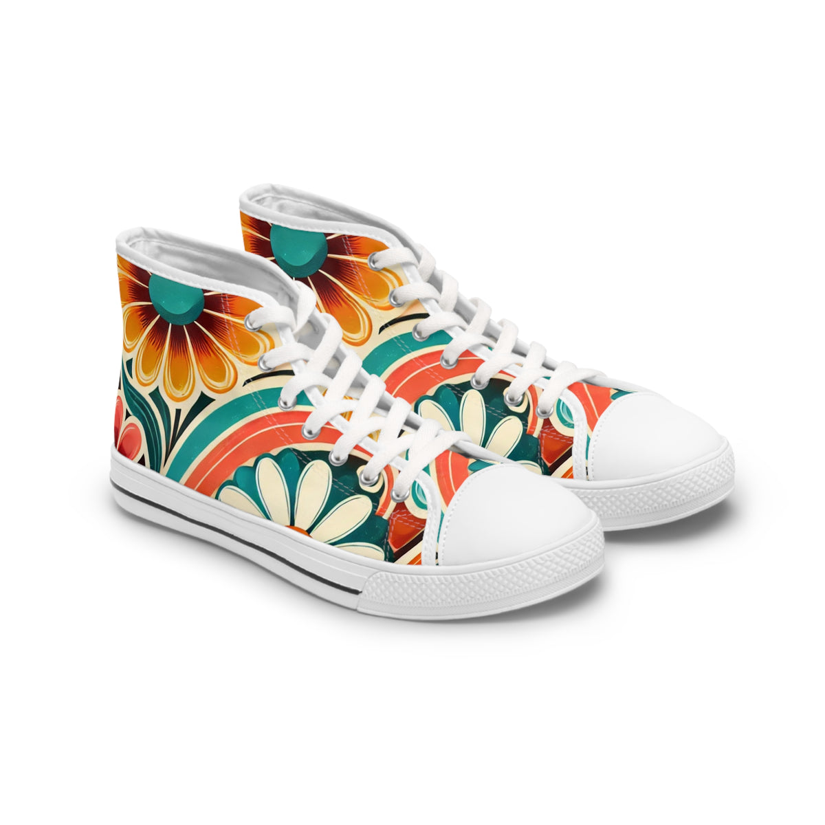 Retro 70s Bohemian Floral Women's High Top Sneakers - Vibrant Style for Every Occasion - Mid Century Modern Gal