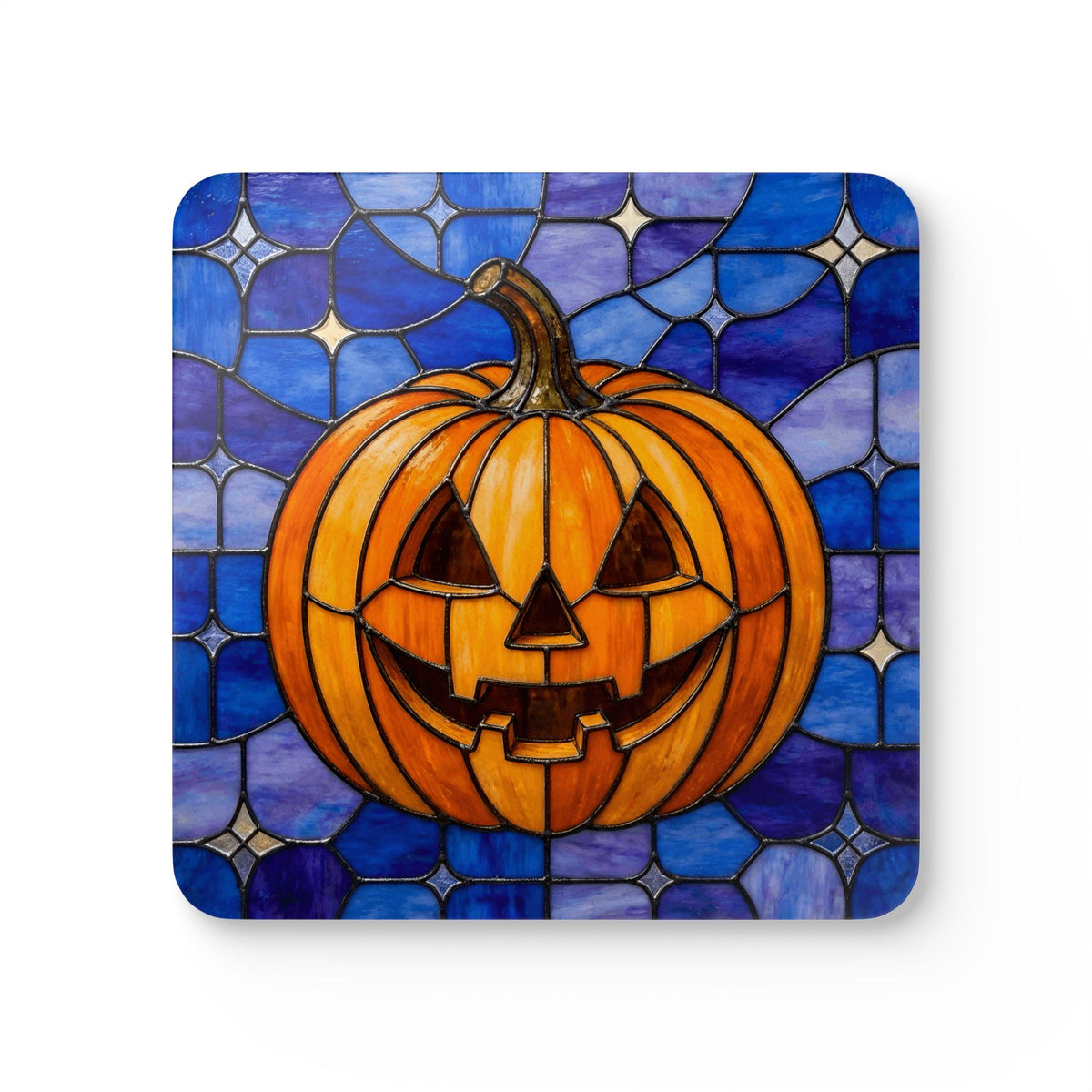 Halloween Stained Glass Style Jack-o'-lantern Pumpkin Corkwood Coaster Set - Mid Century Modern Gal