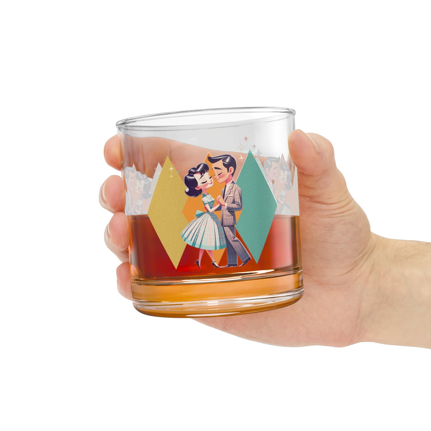 50s Mod Couple Bourbon Lover, Kitschy Cocktail Rocks Glass, 10oz