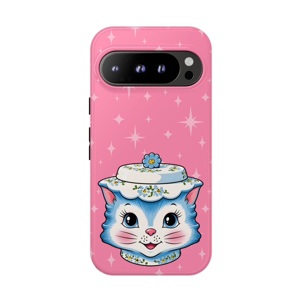 Mid Century Modern Kitschy Anthropomorphic Blue Cat with Floral Hat Tough Phone Case
