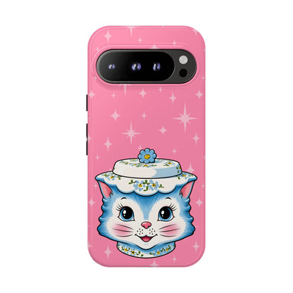 Mid Century Modern Kitschy Anthropomorphic Blue Cat with Floral Hat Tough Phone Case