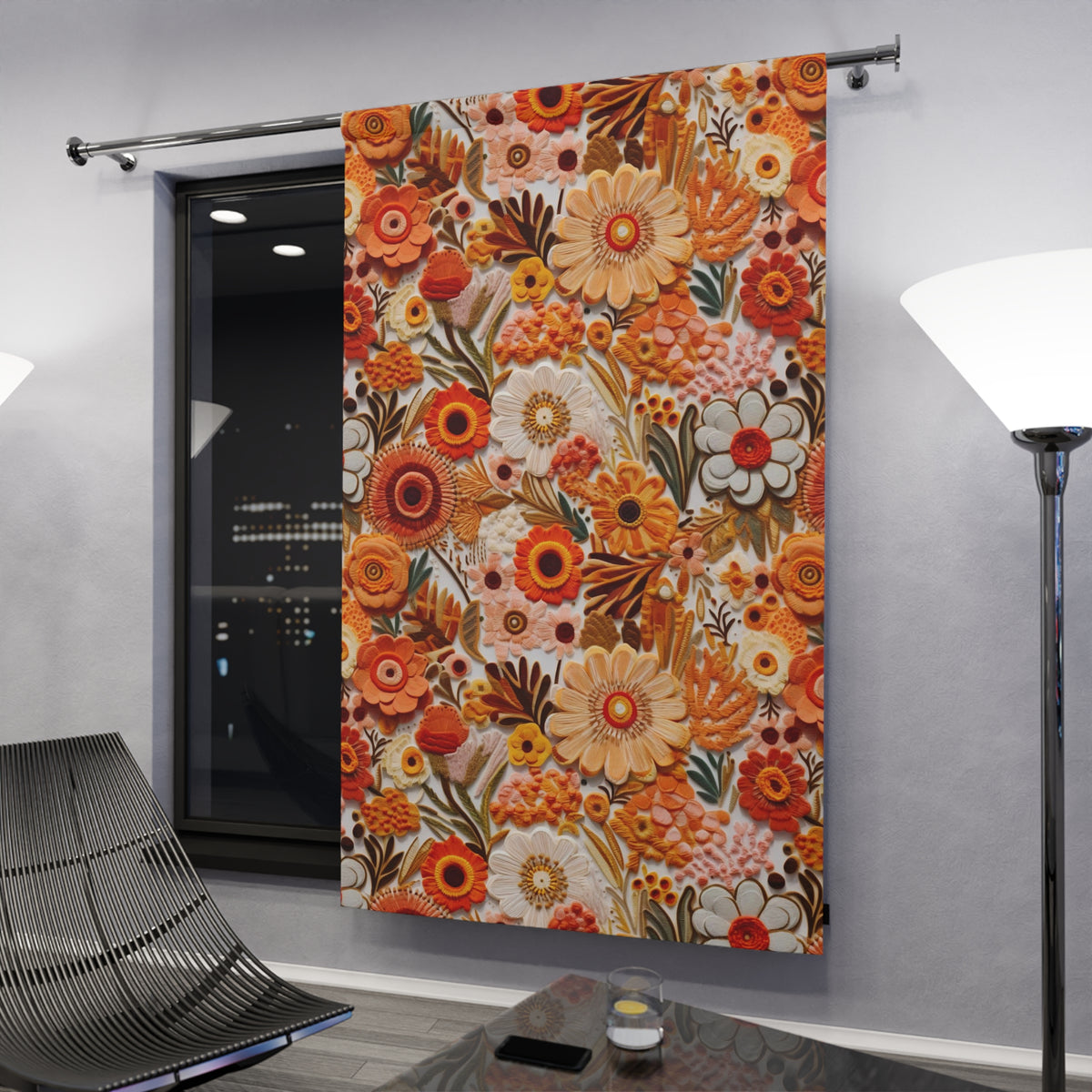 Mid Century Modern Embroidery Fauxed Flower, Floral Black Out Window Curtain (1 Piece) - Mid Century Modern Gal