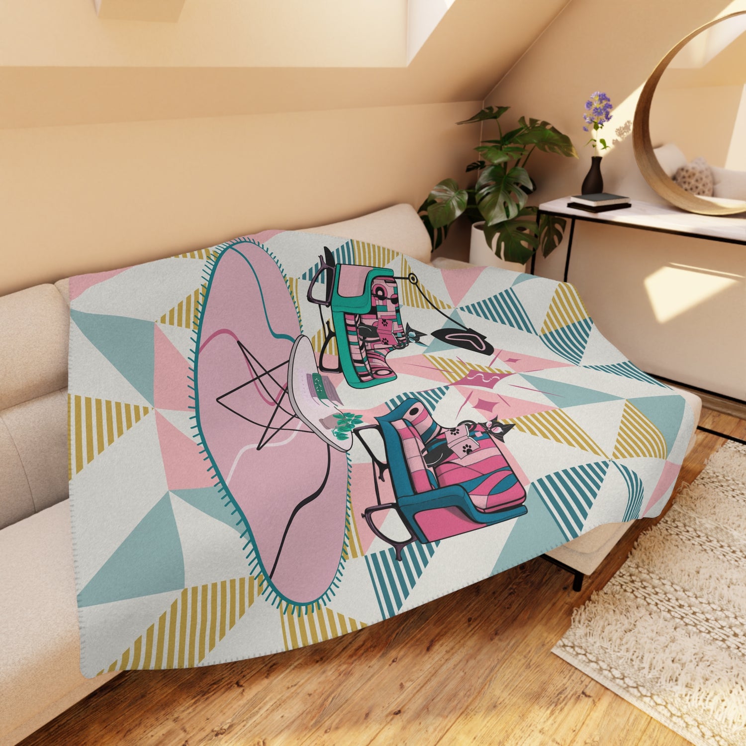 Atomic Reading Cats, Mid Century Modern Kitschy Mod Cozy Retro Blanket - Mid Century Modern Gal