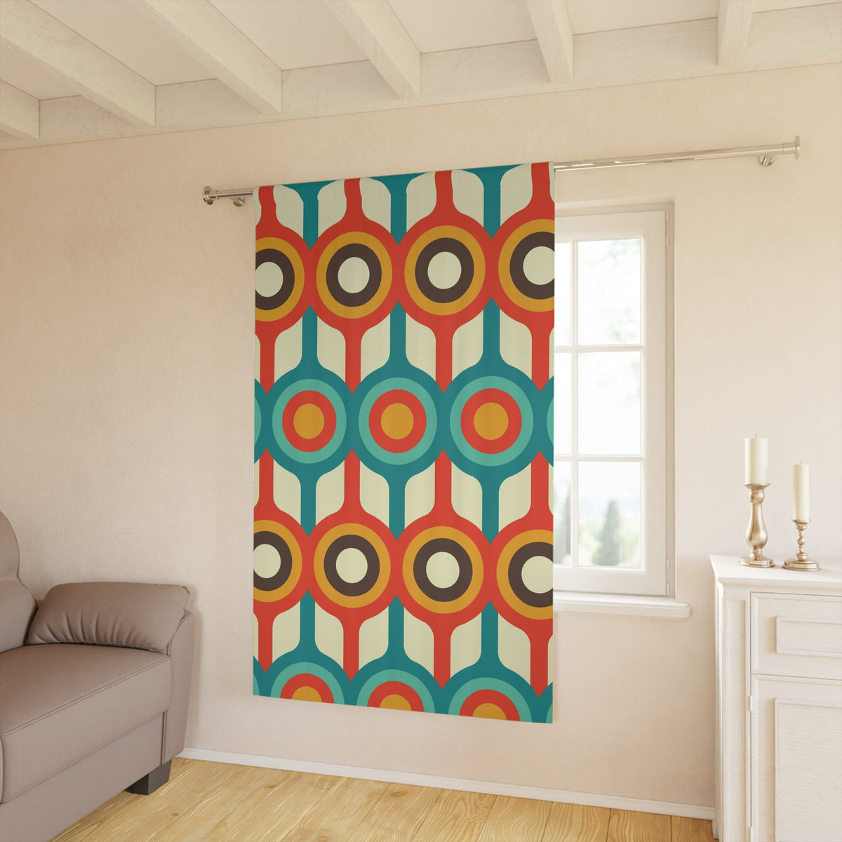 Mid Century Modern, Groovy 70's, Burnt Orange, Teal, Mustard Yellow, Brown, Geometric Retro Mid Century Decor Window Curtains With Bonus - Mid Century Modern Gal