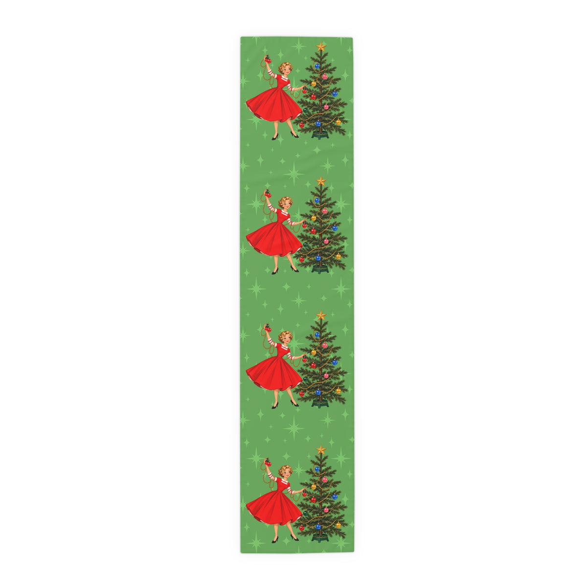 Mid Century Modern Gal Decorating Christmas Tree, Green Atomic Starbursts Table Runner