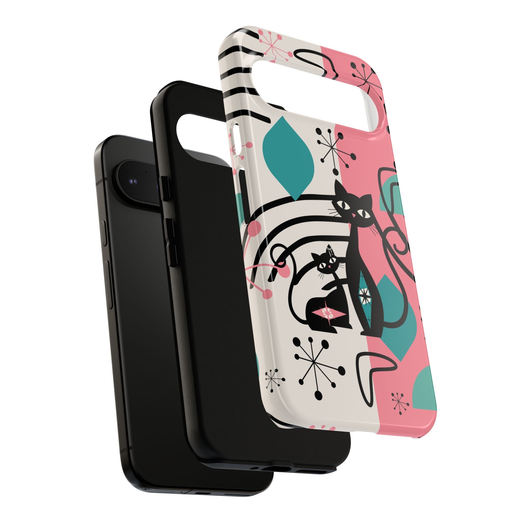 Mid Mod Atomic Cat Boomerang Starburst, Pink, Black Kitschy Stylish Cat Phone Case: Modern Design for Cat Lovers