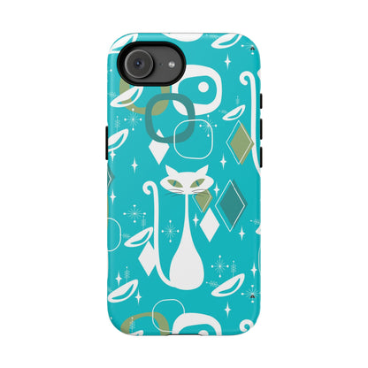 Atomic Cat Space Designs, Mid Century Modern, Aqua, White Kitschy Cat Tough Phone Case