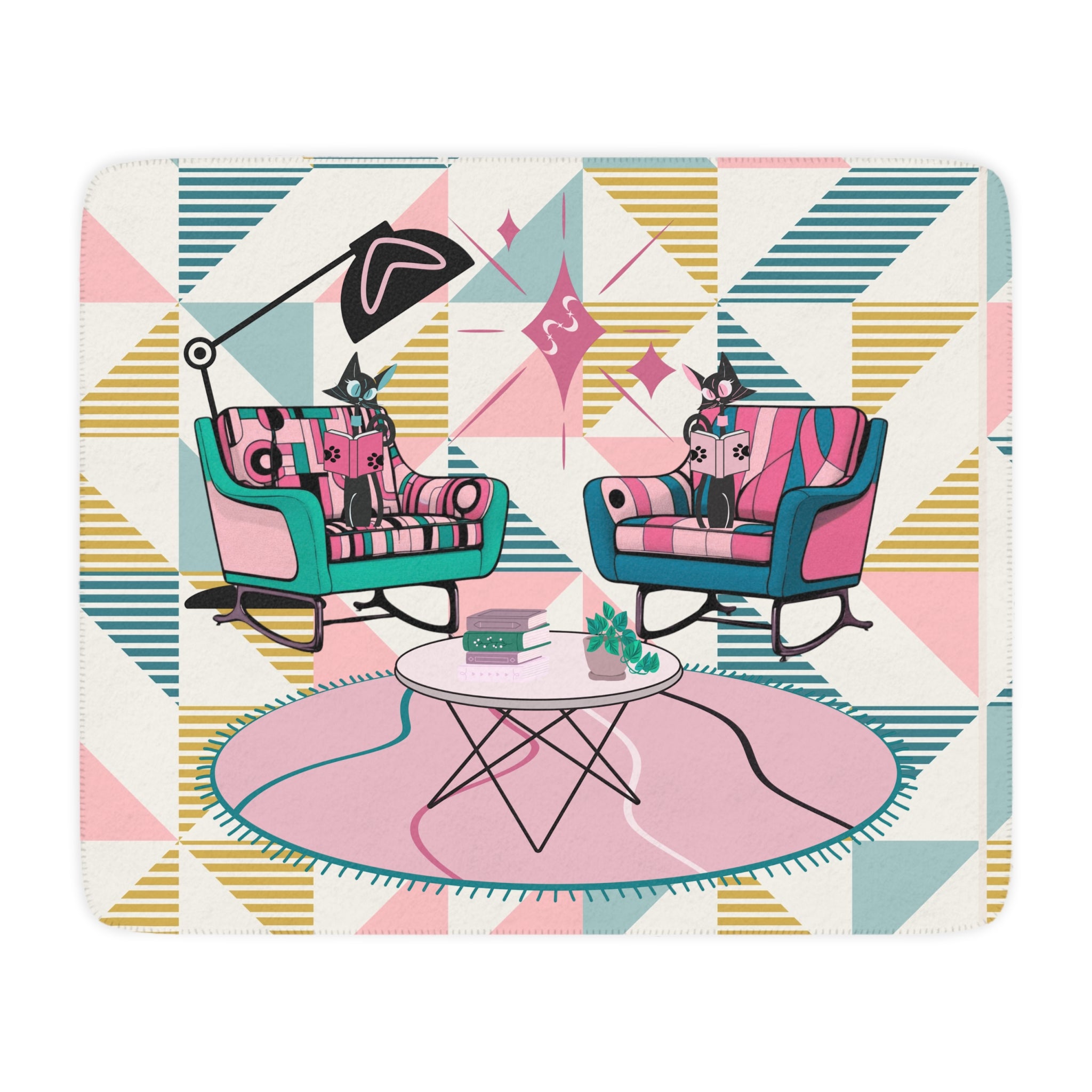 Atomic Reading Cats, Mid Century Modern Kitschy Mod Cozy Retro Blanket - Mid Century Modern Gal