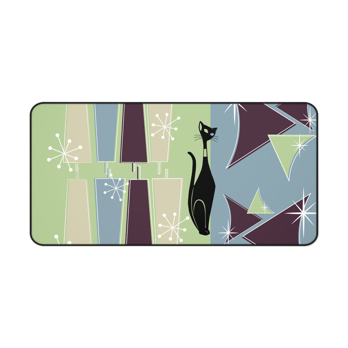 Mid Century Modern, Atomic Cat, Green, Blue, Purple, Starburst Retro MCM Desk Mat - Mid Century Modern Gal
