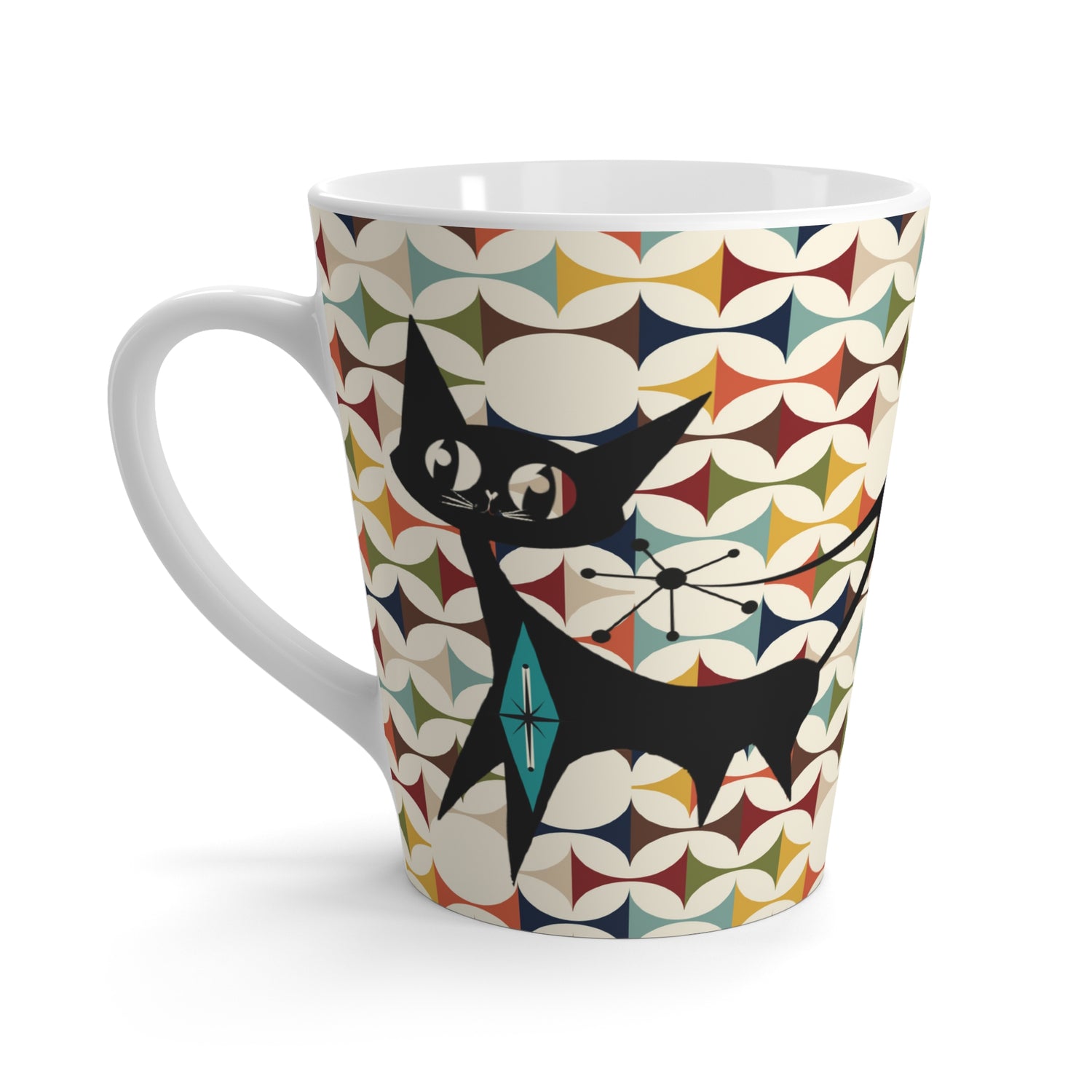 Retro Scandinvian Colorful  Atomic Cat Latte Mug - Perfect for Cat Lovers and Cozy Mornings - Mid Century Modern Gal