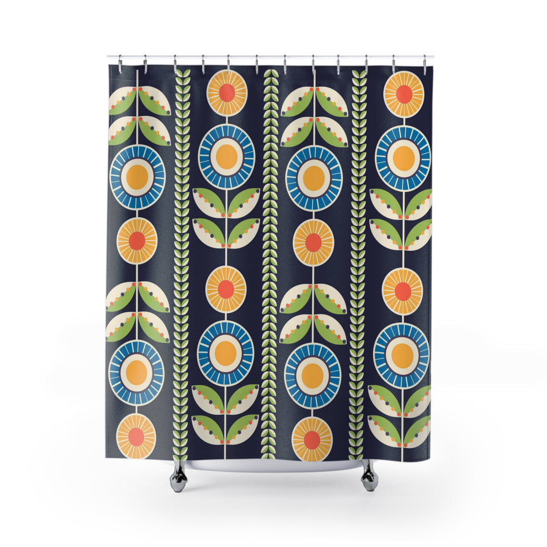 Scandinavian Floral Retro Blue Green, Bohemian Floral Shower Curtain – Colorful Botanical Design for Home Décor - Mid Century Modern Gal