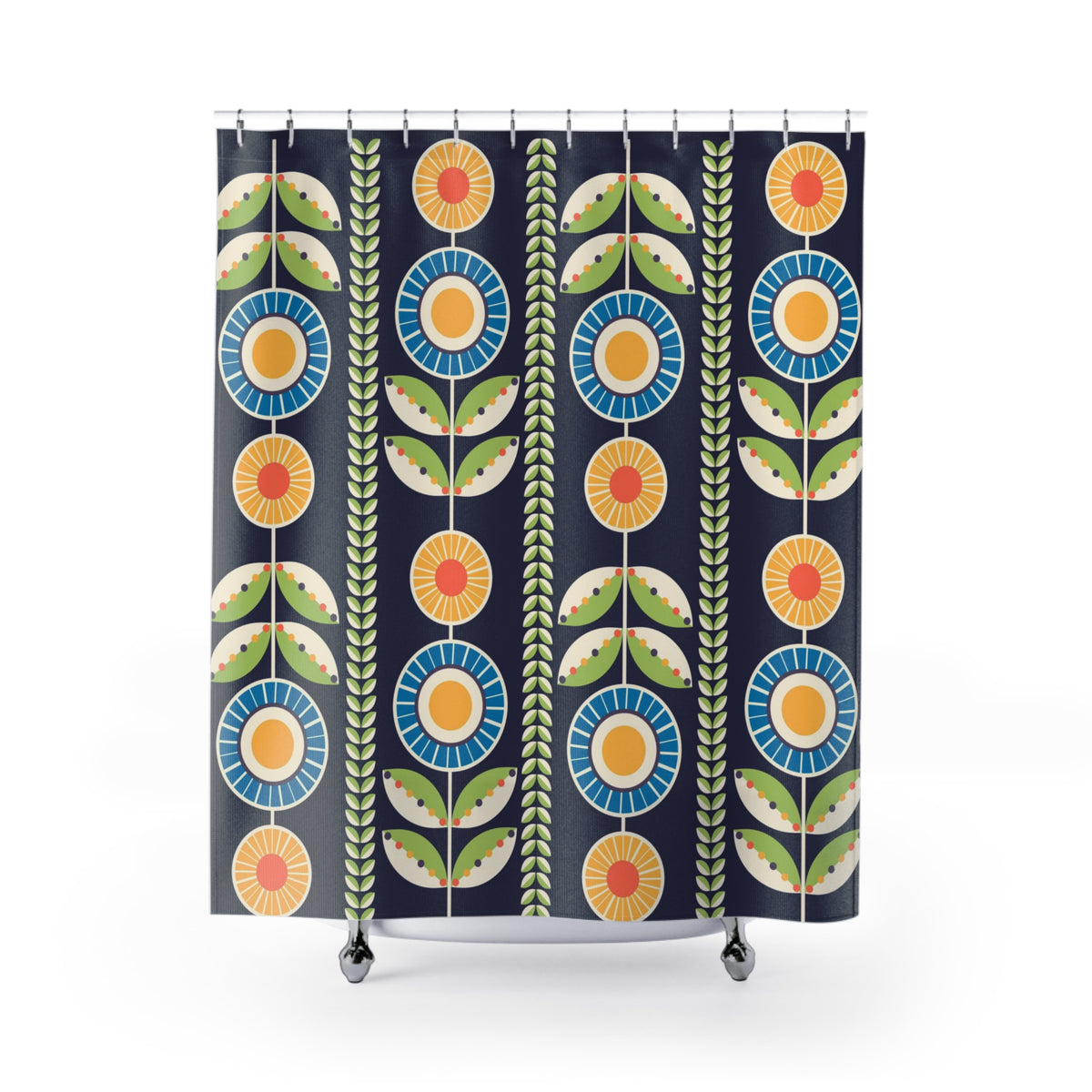 Scandinavian Floral Retro Blue Green, Bohemian Floral Shower Curtain – Colorful Botanical Design for Home Décor - Mid Century Modern Gal