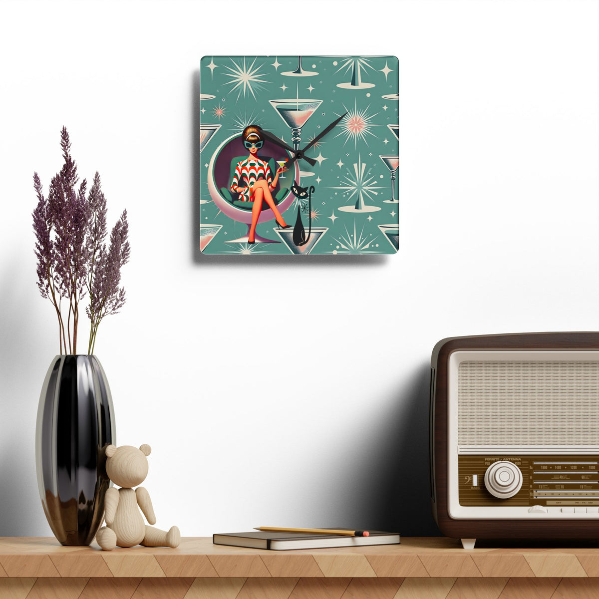 Retro 60s Gal, Martini Lover, Atomic Cat Glam Acrylic Wall Clock - Mid-Century Modern Design with Chic Cocktail Vibe - Mid Century Modern Gal