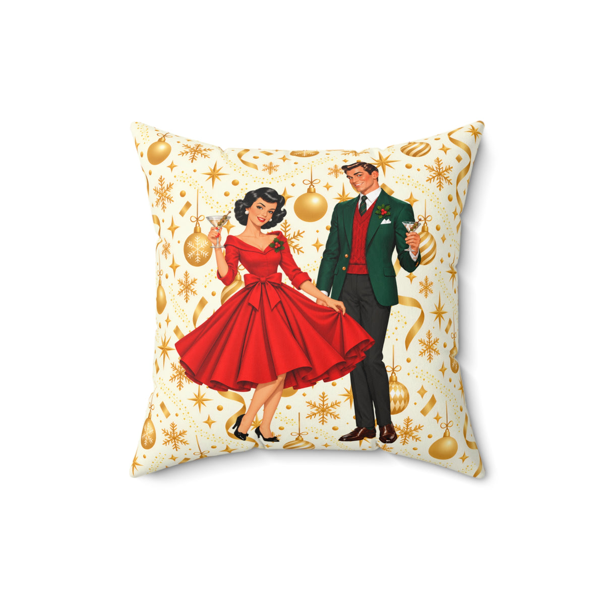 Mid Century Modern Christmas Party Martini Couple Pillow Insert and Cover