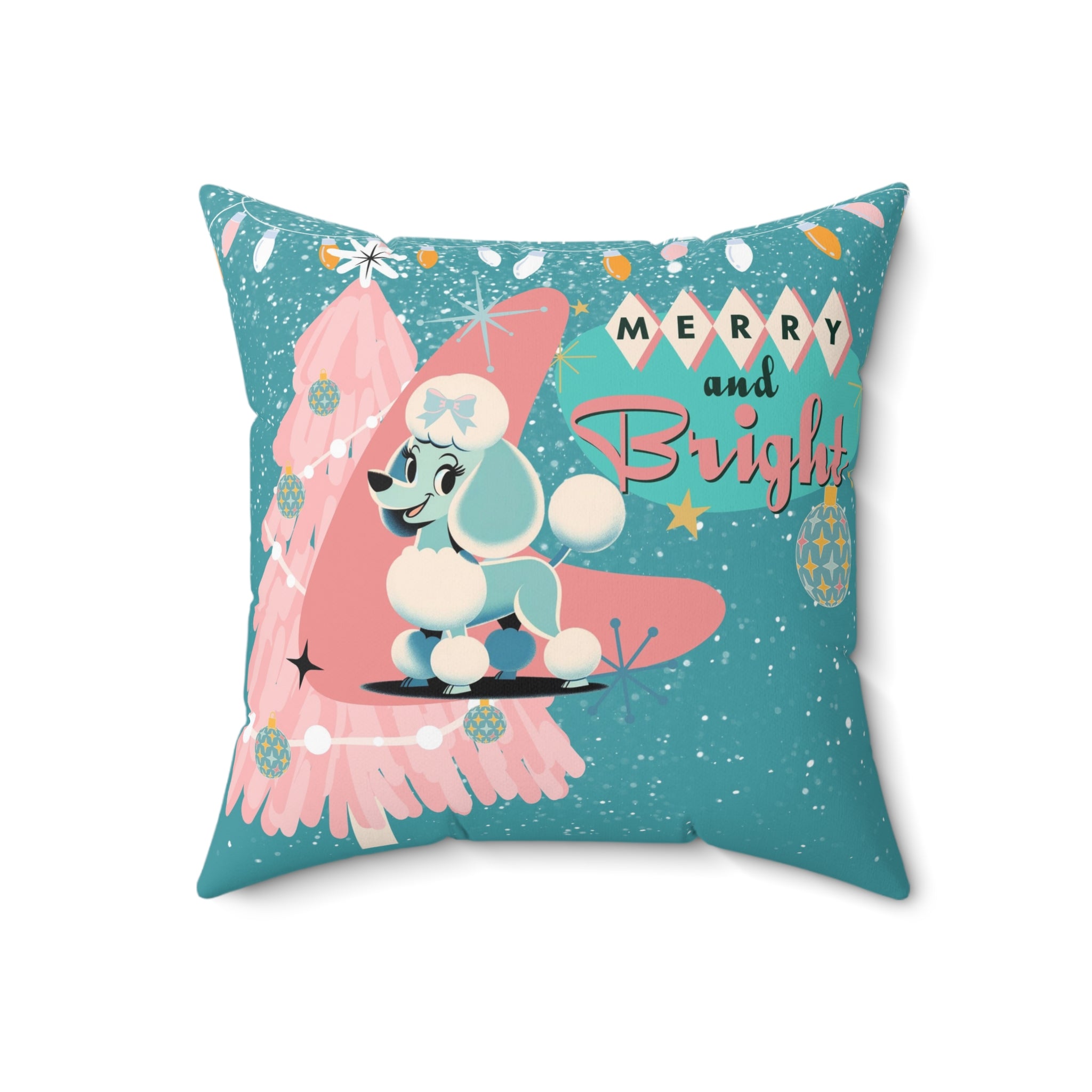 Mid Century Modern 50s Holiday Kitsch Poodle Merry And Bright, Aqua Pink Christmas Pillow And Insert - Mid Century Modern Gal