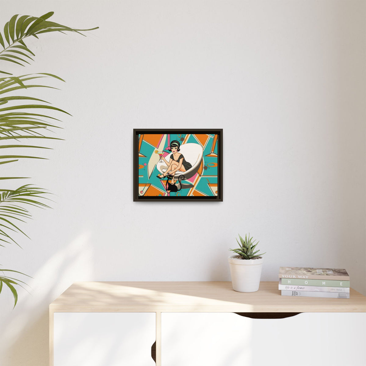 Framed matte canvas wall art featuring a vintage cocktail and retro cat design in mid-century modern style.