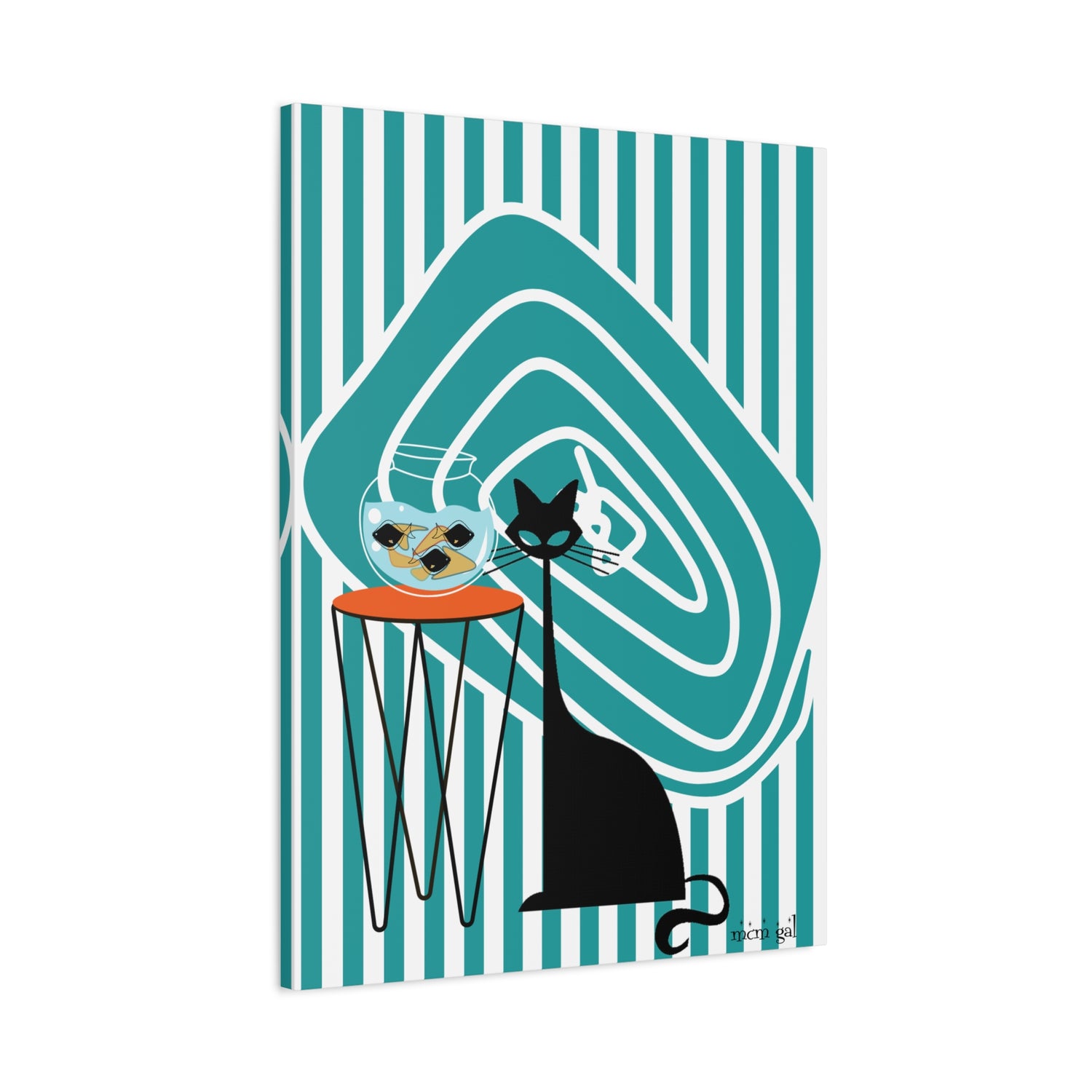 Atomic Fish Art, Mid Century Modern Striped, Teal Kitschy Cat Art - Mid Century Modern Gal