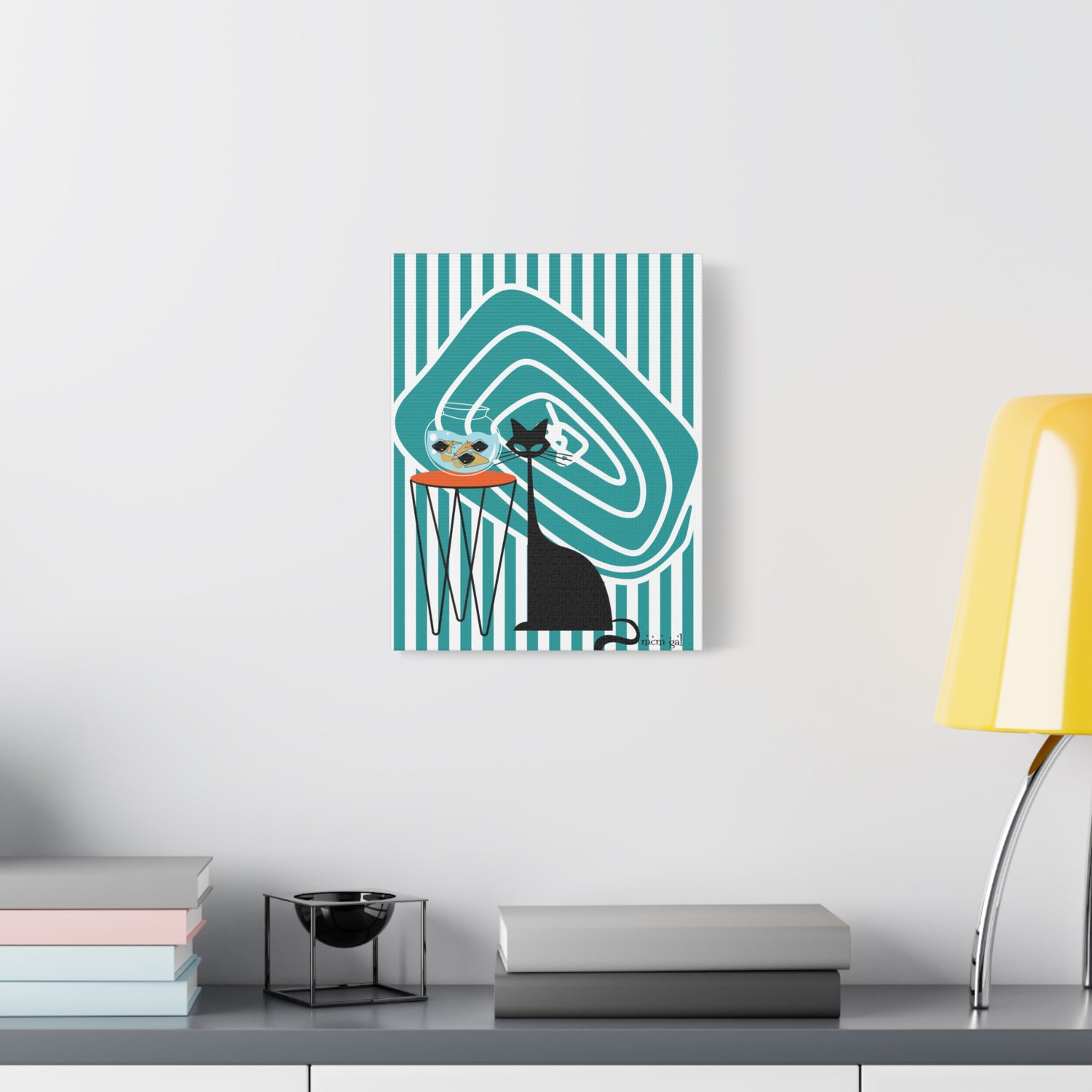 Atomic Fish Art, Mid Century Modern Striped, Teal Kitschy Cat Art - Mid Century Modern Gal