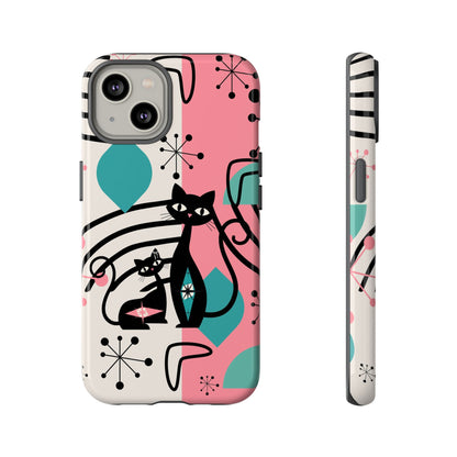 Mid Mod Atomic Cat Boomerang Starburst, Pink, Black Kitschy Stylish Cat Phone Case: Modern Design for Cat Lovers - Mid Century Modern Gal