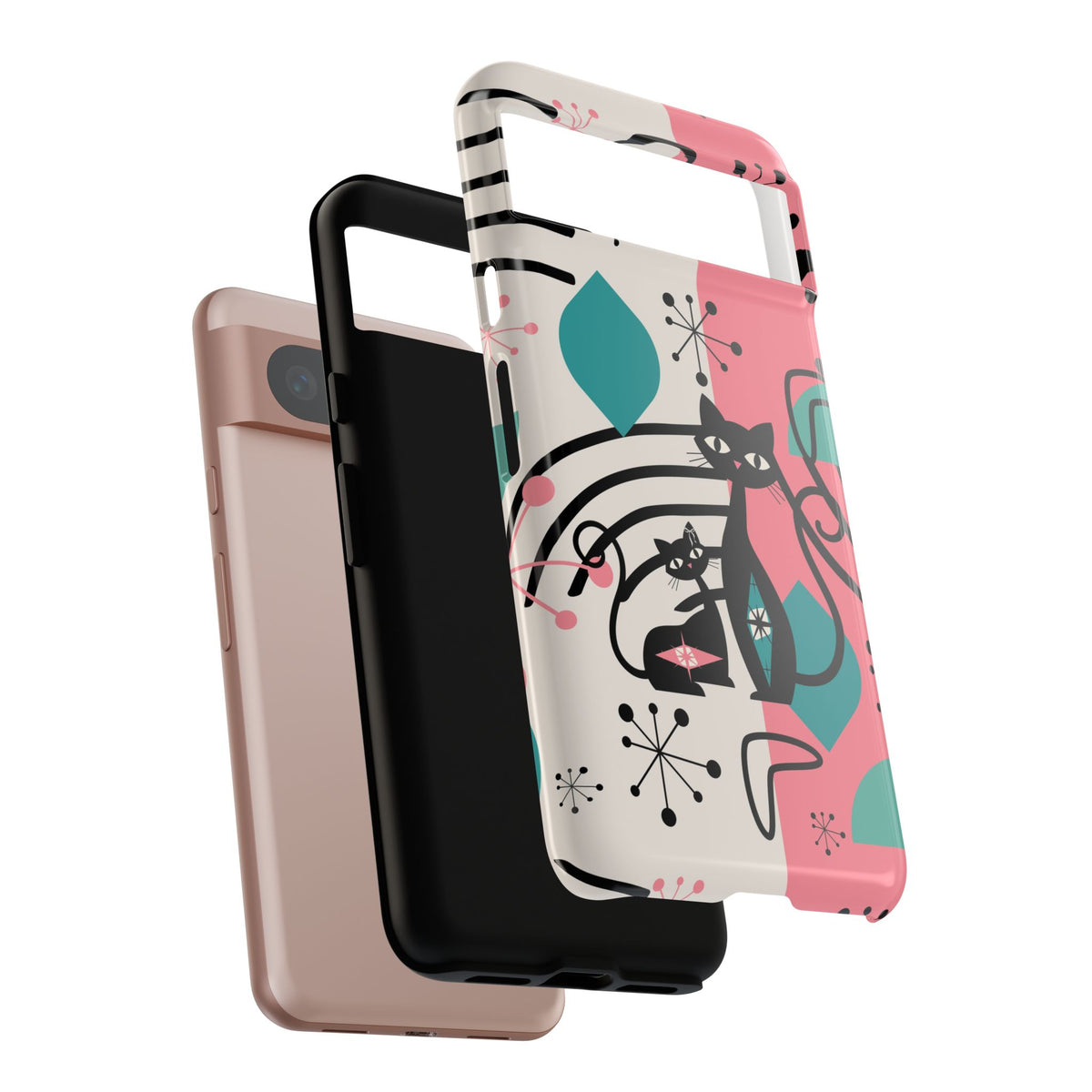 Mid Mod Atomic Cat Boomerang Starburst, Pink, Black Kitschy Stylish Cat Phone Case: Modern Design for Cat Lovers