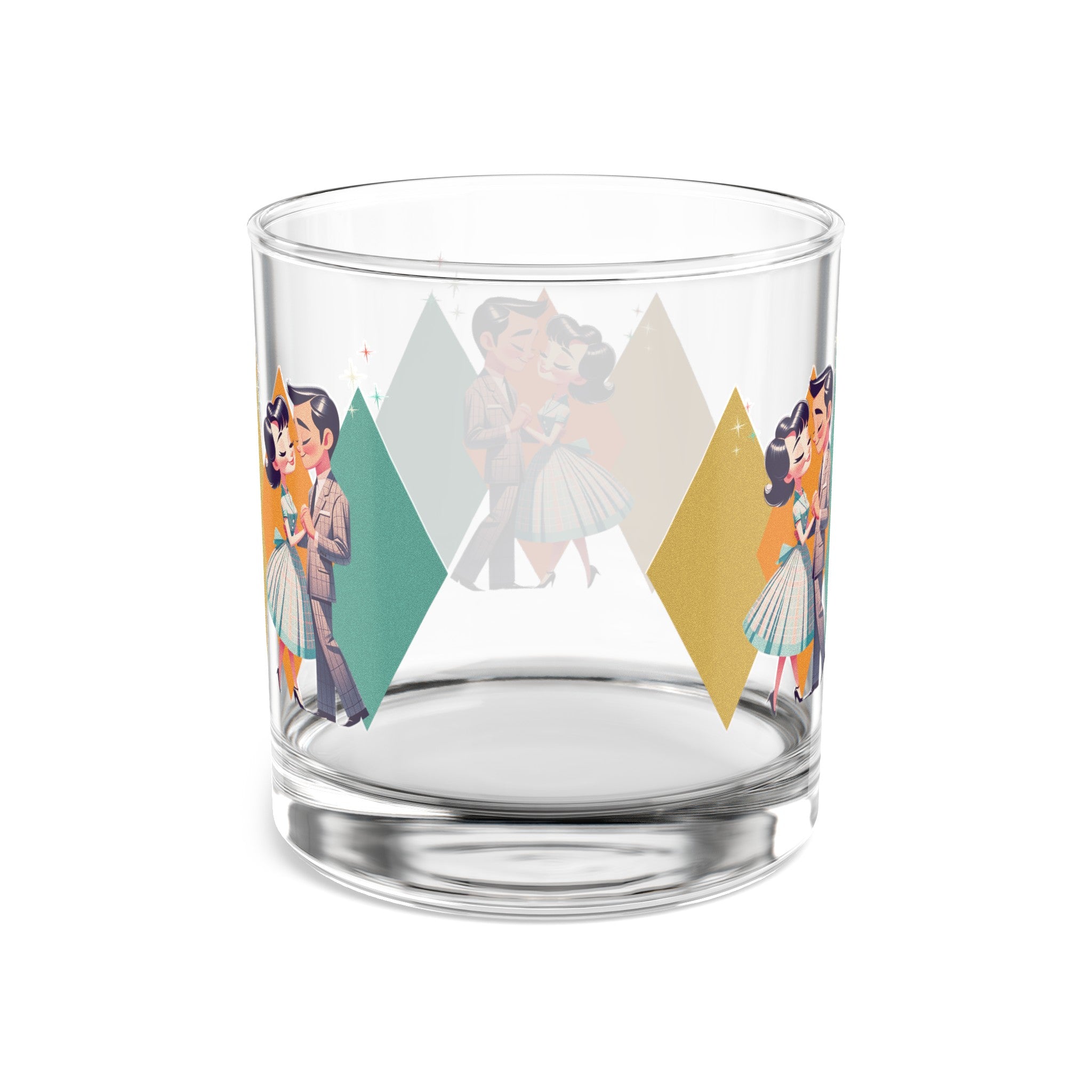 50s Mod Couple Bourbon Lover, Kitschy Cocktail Rocks Glass, 10oz