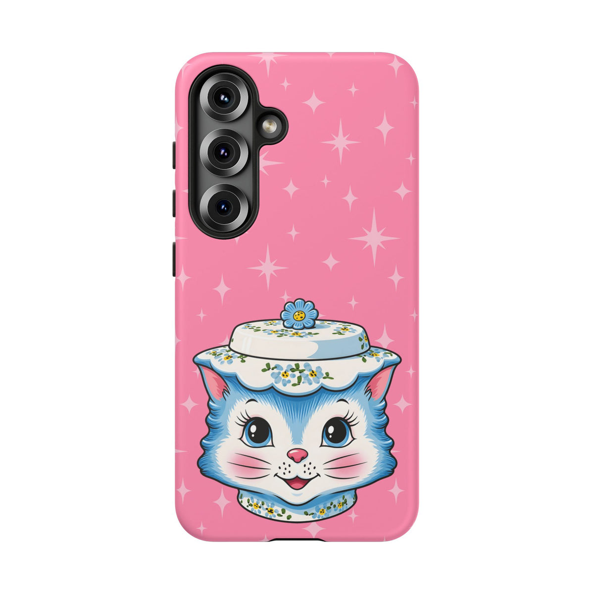 Mid Century Modern Kitschy Anthropomorphic Blue Cat with Floral Hat Tough Phone Case