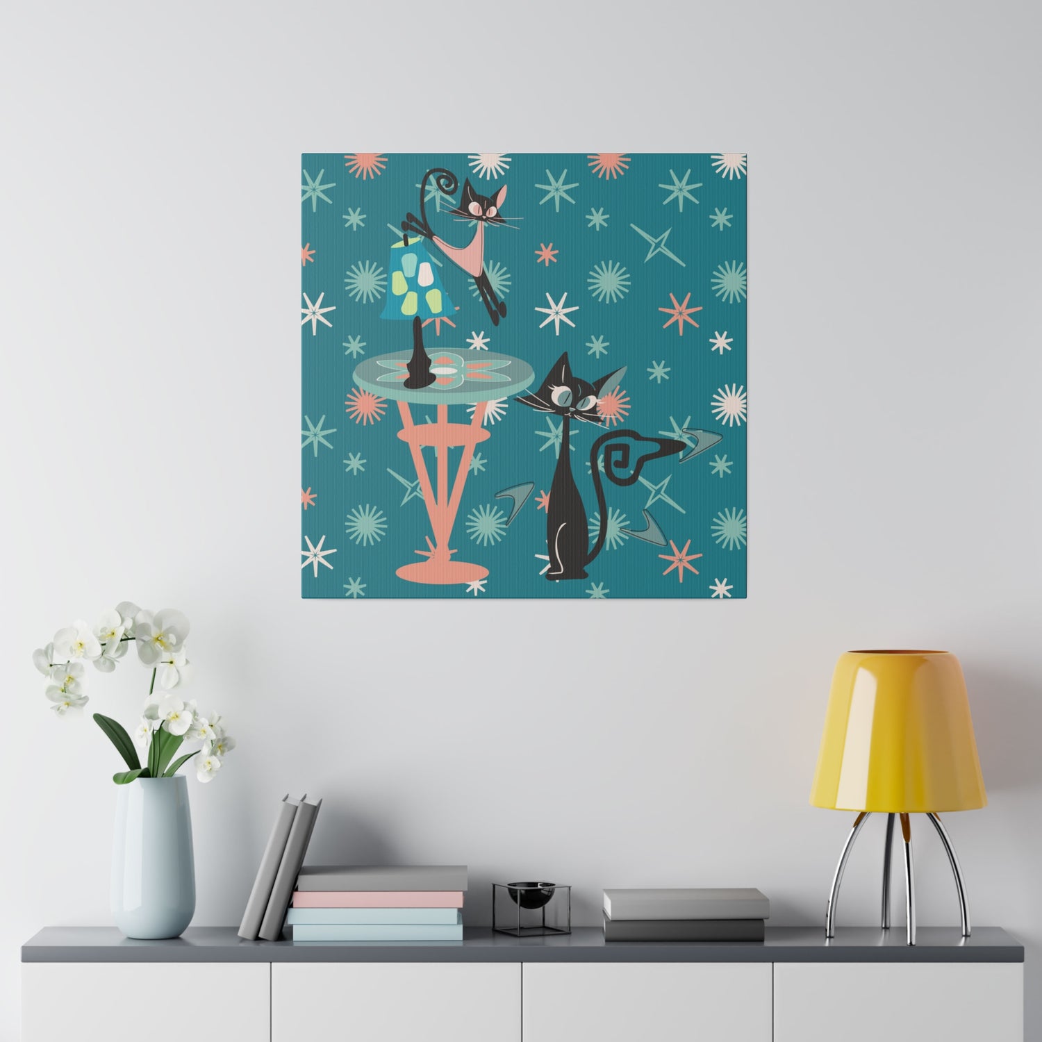 Crazy Atomic Cats, Cat Mom, Kitschy Mid Century Modern Teal Blue, Coral Pink, Mid Century Modern Wall Art