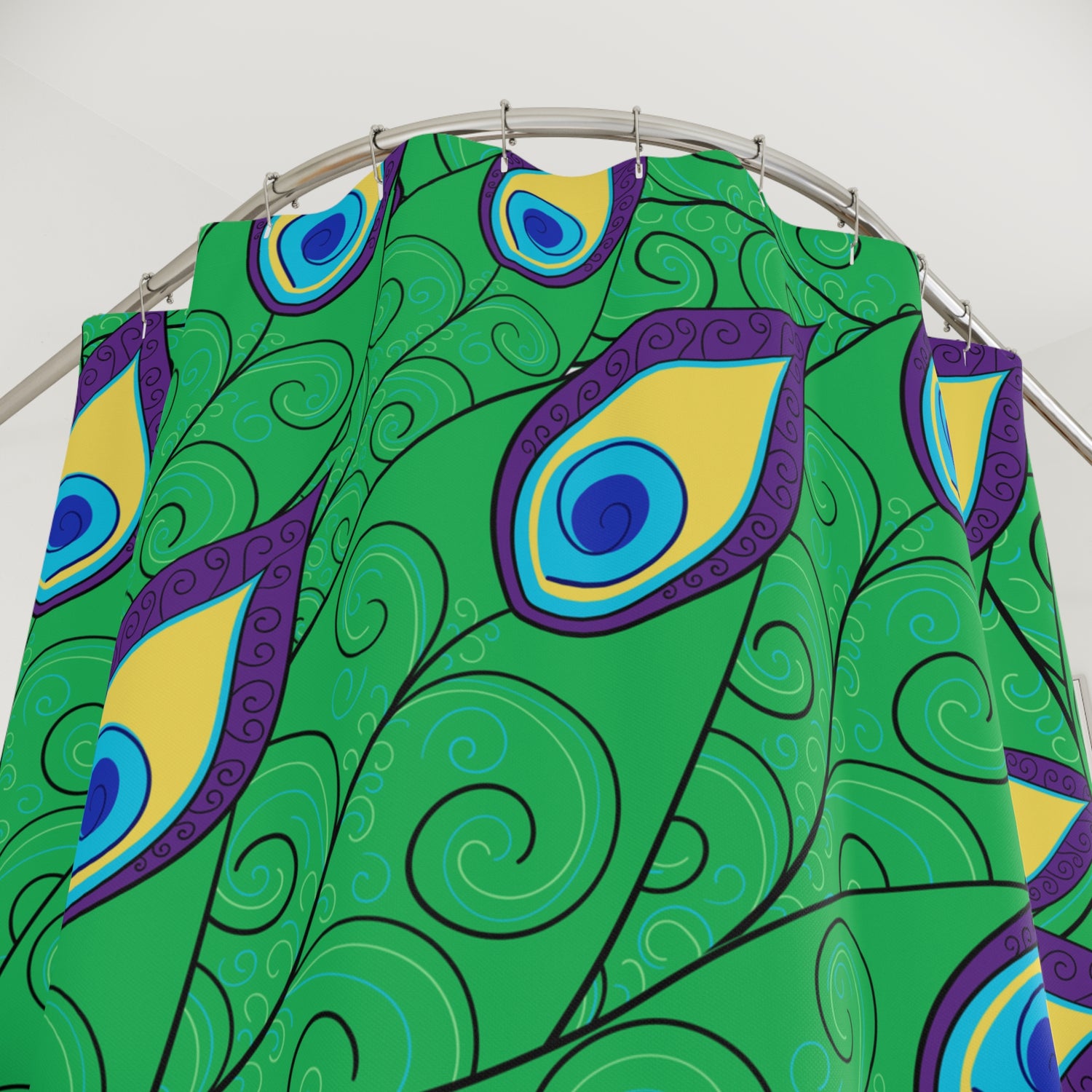Mid Century Peacock Green, Purple, Yellow And Blue Boho Modern Shower Curtains - Mid Century Modern Gal