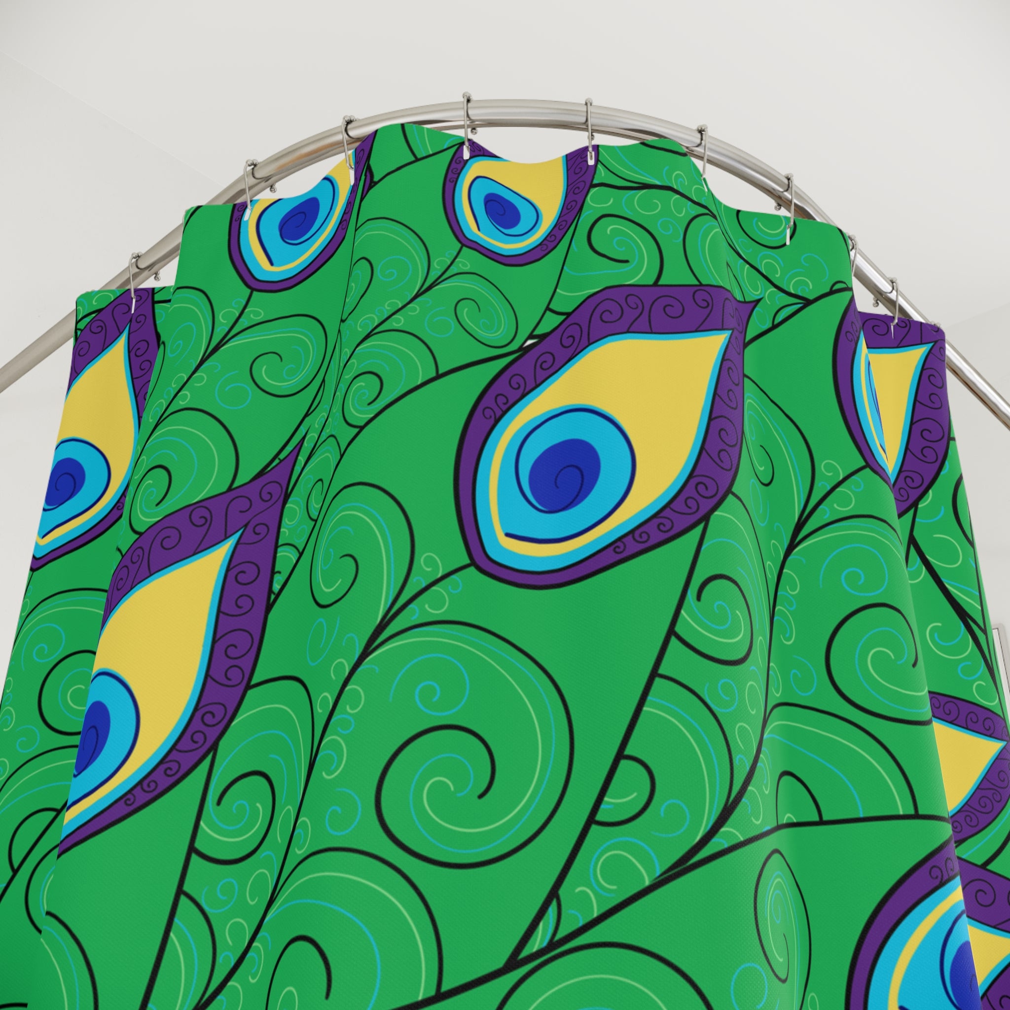 Mid Century Peacock Green, Purple, Yellow And Blue Boho Modern Shower Curtains - Mid Century Modern Gal