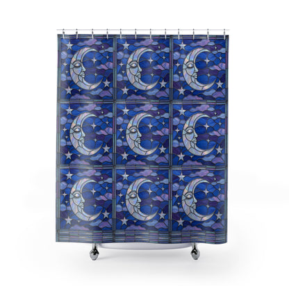 Halloween Stained Glass Style Night Sky Moon Stars Clouds Shower Curtain - Mid Century Modern Gal