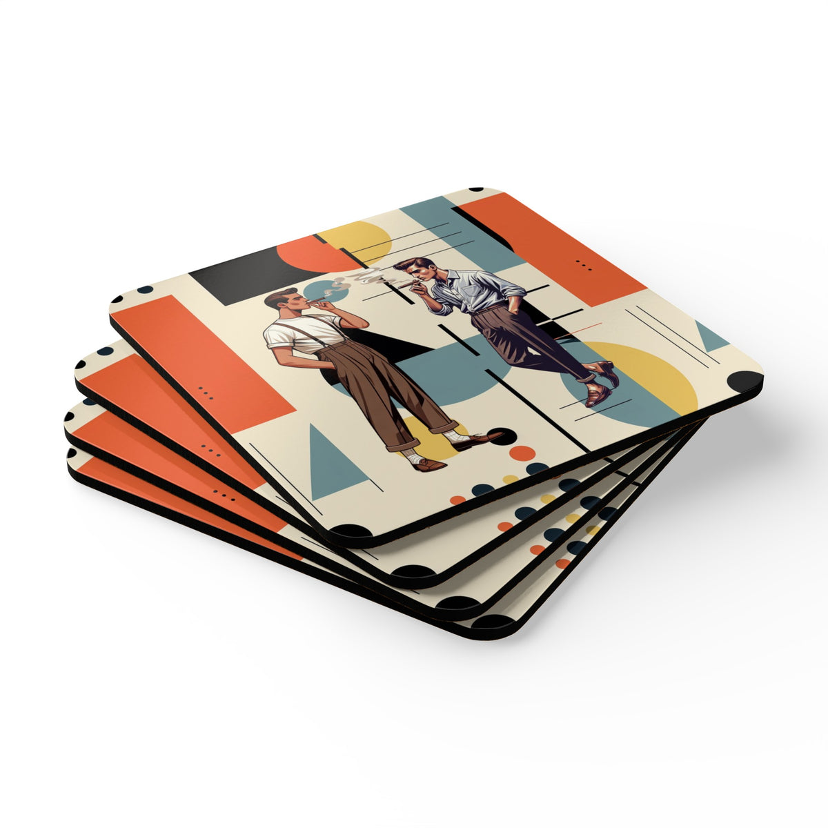 Cigar Smoking Mid Mod Gentleman Bauhaus Designed Mod Corkwood Coaster Set - Mid Century Modern Gal